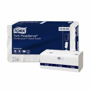 Toallas de mano en continuo Tork Peakserve blancas 22,5x20 cm presentadas en paquetes de 410 unidades