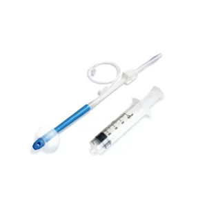 Catéter rectal con balón largo para adultos, punta oliva Ø16 mm, PVC flexible libre DEHP, balón silicona con conector Luer-Lock, orificio central y 2 ojos laterales