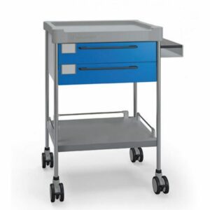 Carro para servicio resonancia magnetica multifuncional con dos cajones, estructura acero inoxidable AISI-304, ruedas dobles con freno y superficie de trabajo polietileno higienico