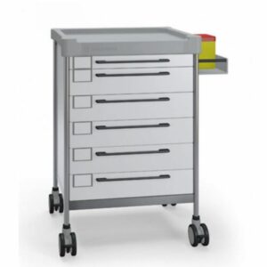 Carro para servicio resonancia magnetica multifuncional con 6 cajones y bandeja lateral, estructura acero inoxidable AISI-304 y ruedas antiestaticas