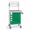 Carro para servicio Resonancia Magnética con 5 cajones, bandeja lateral y panel de anestesia, estructura acero inoxidable AISI-304, ruedas dobles Ø 100 mm con freno