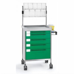Carro para servicio Resonancia Magnética RMI. Multifunción  provisto de 5 cajones,  bandeja lateral y panel de anestesia.