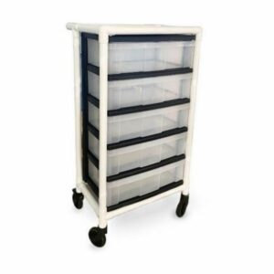 Carro para servicio Resonancia Magnética con 5 cajones, estructura PVC y estantes HPL radiotransparentes