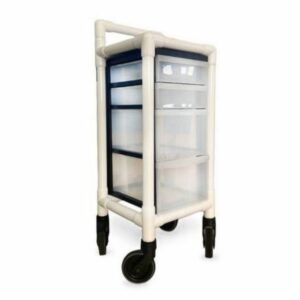 Carro para servicio Resonancia Magnética con 4 cajones, estructura de PVC blanco y estantes HPL radiotransparentes
