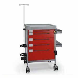Carro para servicio Resonancia Magnética RMI. Para Emergencia y Reanimación. Provisto de 5 cajones , bandeja lateral y portasureros.