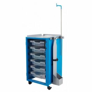 Carro de Medicación de Fármacos Sensibles Resonancia Magnética RMI con cerradura de seguridad. Provisto de 6 cajones, portasueros y accesorio para bombonas de oxiceno. 7 Tesla.