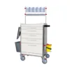 Carro de curas de acero inoxidable modelo K2 con estructura resistente y bandejas divisibles configurables para uso clínico hospitalario.