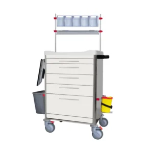 Carro de curas de acero inoxidable modelo K2 con estructura resistente y bandejas divisibles configurables para uso clínico hospitalario.