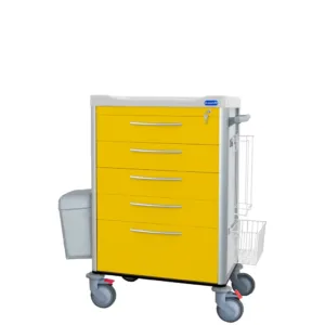 Carro de aislamiento hospitalario CMLP-F-D6040-0-4-1-AM con 5 cajones, ruedas giratorias y porta guantes triple para salas de aislamiento