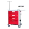 Carro de paro hospitalario CMLP-F-DNOV-K24 con cajones rojos, ruedas con freno y accesorios para reanimación cardiopulmonar