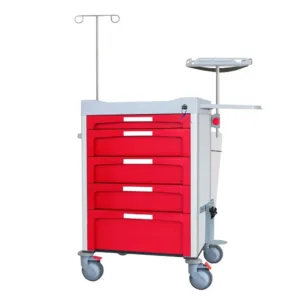 Carro de paro hospitalario CMLP-F-DNOV-K24 con cajones rojos, ruedas con freno y accesorios para reanimación cardiopulmonar