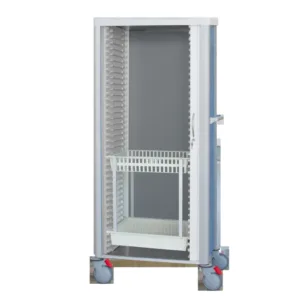 Carro hospitalario para cateteres modelo CMLP-F-C-6040-1850 con estructura de aluminio y puerta persiana con llave