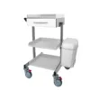 Carro porta equipos médicos auxiliar con estructura de acero inoxidable AISI 304, tres baldas de plástico ABS y cajón con frontal en PEHD o fenólico, sobre ruedas giratorias de 125mm con freno.