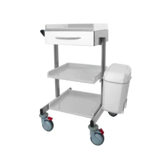 Carro porta equipos médicos auxiliar con estructura de acero inoxidable AISI 304, tres baldas de plástico ABS y cajón con frontal en PEHD o fenólico, sobre ruedas giratorias de 125mm con freno.