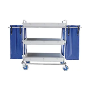 Carro de transporte de ropa mixta con 3 bandejas y 2 bolsas, estructura de acero inoxidable o cromado, ruedas de 125 Ø y tecnología anti-acumulación de suciedad