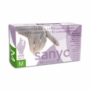 Guante de Latex con Polvo marca Sanyc con Polvo  Extra fuertes Talla M. Caja de 100 unidades.