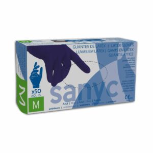 Guante de Latex sin Polvo marca Sanyc de color Azul Extra fuertes 28cms. Talla G. Precio de 50 unidades