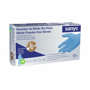 Guante de Nitrilo Extra fuertes Marca Sanyc color Azul  Talla M. Precio de 100 unidades.