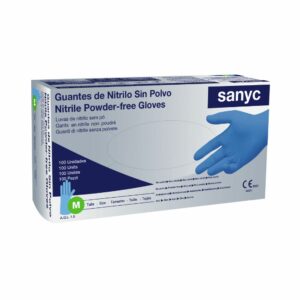 Guante de Nitrilo Marca Sanyc color Azul  Talla M. Precio de 100 unidades.