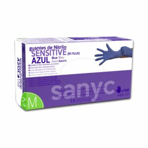 Guante de Nitrilo Marca Sanyc color Azul Sensitive Talla XP. Precio de 100 unidades.