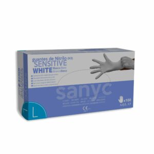Guante de Nitrilo Marca Sanyc color White  Sensitive Talla G. Precio de 100 unidades.