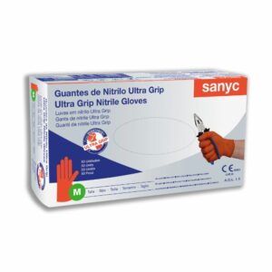 Guante de Nitrilo Marca Sanic color Naranja Ultra Grip Talla M. Precio de 50 unidades.