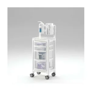 Carro higiénico pequeño RM con 4 ruedas y 4 cajones translúcidos, incluye dispensadores de jabón y guantes, estructura resina blanca