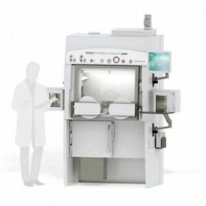 Celda caliente asypharma compacto clase A con dos puertos para guantes y compartimentos de plomo para preparacion de sustancias radiofarmaceuticas