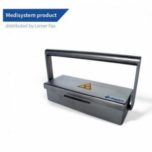 Porta-Jeringas Blindado Medi BME estructura acero inoxidable con mango cilindrico para transporte seguro jergias medicina nuclear