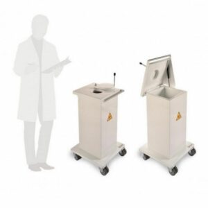 Medi 64 - Papelera blindada con ruedas - HE. Compatible con cajas DASRI. Diseñada para uso en los servicos de Medicina Nuclear y Radiología.