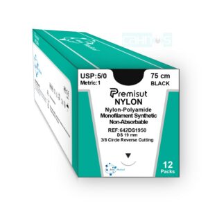 Sutura NYLON PREMISUT 3/8 Triangular DS19mm 5/0 Negra 75cm, monofilamento no absorbible para tejidos blandos oftalmologia y neurocirugia