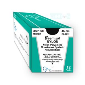 Sutura NYLON PREMISUT Prime 5/0 triangular corte inverso XHS13mm cuerpo cuadrado 45cm negra para tejidos blandos