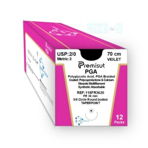 Sutura absorbible PGA multifilamento aguja 5/8 circular punta cónica USP 2/0 violeta