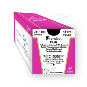 Sutura absorbible multifilamento PGA Prime doble aguja 3/8 circulo punta triangular corte inverso cuerpo cuadrado 13mm USP 5/0 hilo violeta 45cm