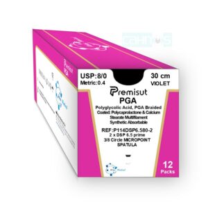 Sutura absorbible multifilamento PGA Prime 8/0 espatulada 3/8 6.5mm violeta 30cm