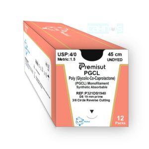 Sutura absorbible monofilamento PGCL CAPROLACTONA POLIGLECAPRONE 25 Aguja 3/8 Punta Triangular Corte Inverso 19mm USP 4/0 Incolora 45cm