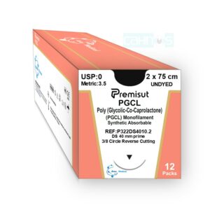 Sutura absorbible monofilamento PGCL PREMISUT aguja 3/8 circular punta triangular corte inverso acanalada 40mm USP 0 75cm color incolora