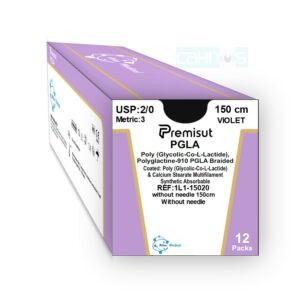 Sutura absorbible multifilamento PGLA Poliglactina 910 color violeta USP 2/0 longitud 150 cm sin aguja referencia 1L1-15020
