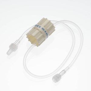 Alargadera de infusión con regulador de flujo rotativo y graduación 0-250 ml/h, Luer Lock fijo, PVC macho/hembra, Ø3x4.1mm