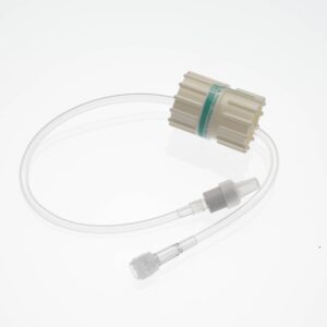 Alargadera de infusion con regulador de flujo rotativo sin graduacion, PVC macho/hembra Luer Lock, 15+20 cm, caja 100 unidades
