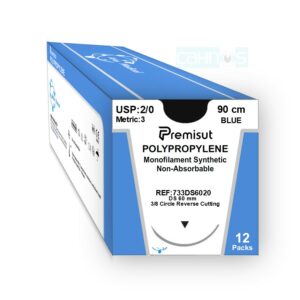 Sutura PREMISUT polipropileno azul acanalado 2/0 aguja 3/8 triangular corte inverso DS60 longitud 90 cm