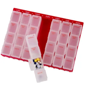 Pastillero semanal grande organizador medicamentos 7 módulos 4 compartimentos diarios apertura individual serigrafiado días semana horarios mañana tarde noche sistema braille colores azul rojo