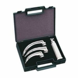 Laringoscopio diseñado para salas de resonancia magnetica, modelo Miller 0-1 y Macintosh 2-3-4, con bateria regargable y recambiable, almacenamiento en caja medida.