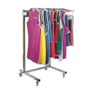 Soporte rodable de acero inoxidable para delantales plomados con ruedas y perchas orientables 180 grados, modelo RXRD00
