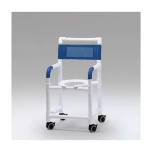 Silla sanitaria con ruedas, respaldo Textilene azul y asiento tipo WC, color blanco, soporte 130 kg