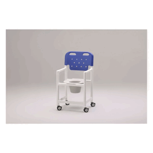 Silla de ducha con asiento de aro WC plegable y respaldo monobloque, estructura resina RCN blanca, 4 ruedas dobles con freno, capacidad 150 kg