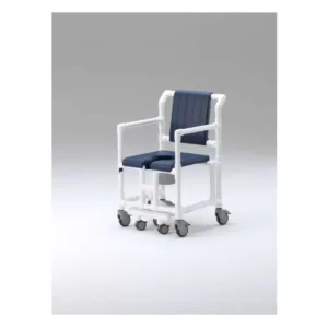 Silla sanitaria XXL con estructura de resina blanca, capacidad 200 kg, ruedas dobles con freno y apoyabrazos removible