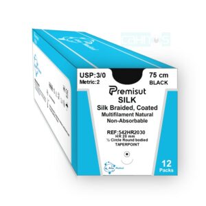 Sutura SEDA PREMISUT aguja 1/2 circular punta cónica 20mm negra acanalada USP 3/0 longitud 75cm