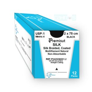 Sutura seda trenzada negra USP 1 aguja recta corte convencional 60mm Premisut Prime caja 12 unidades