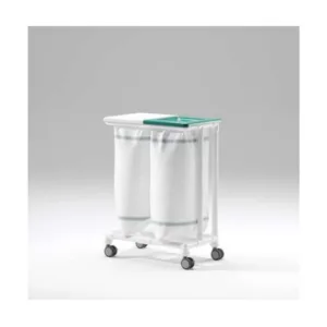 Colector de sucio con tapa para 2 bolsas, estructura en resina blanca y ruedas con freno